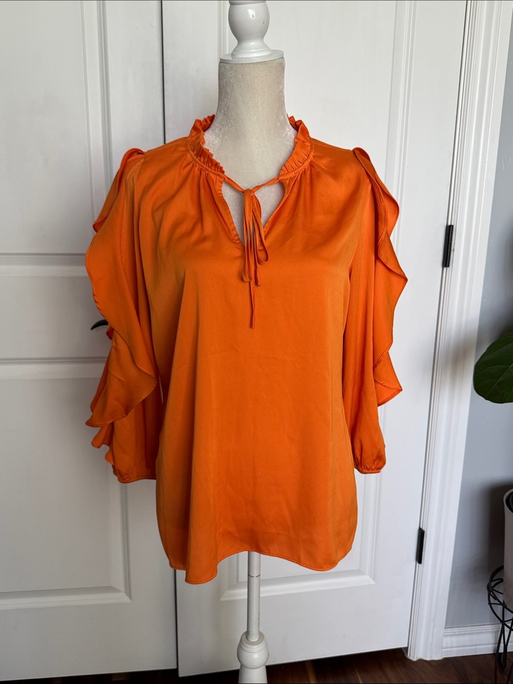 Worthington Orange Ruffle-Sleeve Tie-Neck Blouse Size Medium